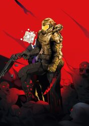Rule 34 | 1boy, armor, blood, blood on leg, bloody weapon, captain morgan pose, corpse, doom (series), doomguy, doufujintianxianle, full armor, gun, helmet, holding, holding gun, holding weapon, male focus, monster, red background, shell casing, solo, weapon