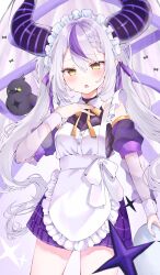 1girl alternate_costume alternate_hairstyle apron arm_cuffs bird black_shirt blush braid collar cowboy_shot crow crow_(la+_darknesss) demon_girl demon_horns detached_collar detached_sleeves enmaided fingernails frilled_apron frills grey_hair hair_between_eyes hair_ribbon hand_on_own_chest hand_up highres holding holding_plate hololive horns la+_darknesss long_hair looking_at_viewer maid maid_apron maid_headdress multicolored_hair neck_ribbon onnnndaaaaa open_mouth plaid_clothes plaid_skirt plate pleated_skirt pointy_ears purple_hair purple_nails purple_ribbon purple_skirt ribbon shirt sidelocks skirt sleeveless sleeveless_shirt solo streaked_hair teeth twintails upper_teeth_only very_long_hair virtual_youtuber white_apron white_collar white_headdress white_wrist_cuffs wrist_cuffs yellow_eyes yellow_ribbon