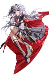1girl absurdres ascot black_boots black_skirt boots bow breasts cape closed_mouth colored_shoe_soles crown ear_piercing earrings floating frilled_skirt frills full_body genderswap genderswap_(mtf) grey_hair hair_bow high_heel_boots high_heels highres jewelry knee_boots kuzuha_(nijisanji) lace-up_boots large_breasts long_hair long_sleeves nail_polish nijisanji nyamnyam0502 piercing pointy_ears red_ascot red_cape red_eyes red_nails sanya_(kuzuha) simple_background skirt solo virtual_youtuber white_background