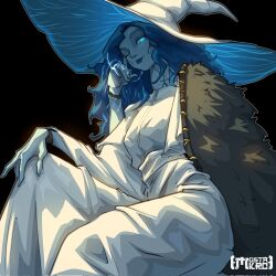 1girl artist_name blue_eyes blue_hair brown_cloak cloak closed_mouth commentary doll_joints dress elden_ring english_commentary extra_arms extra_faces fur_cloak fur_trim hat highres joints large_hat long_hair mustakro6 one_eye_closed ranni_the_witch sitting smile solo white_dress white_hat wide_sleeves witch witch_hat