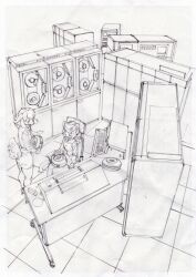 2girls animal_ear_fluff animal_ears animal_nose border cat_ears cat_girl cat_tail chair commentary computer computer_keyboard denchou desk dog_ears dog_girl dog_tail from_above furry furry_female graphite_(medium) greyscale highres holding layered_clothes long_sleeves magnetic_tape medium_hair miniskirt monochrome multiple_girls object_on_lap office_lady on_chair open_mouth original perspective shirt sitting sketch skirt standing tail talking tape_drive tile_floor tiles traditional_media vest white_border