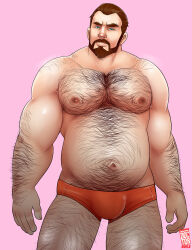 1boy 2017 arm_hair bara barry_burton beard belly blue_eyes body_hair briefs brown_hair chest_hair connected_beard doctor_anfelo facial_hair full_beard gay highres leg_hair male_focus male_underwear muscular muscular_male mustache navel nipples orange_male_underwear pectorals pink_background resident_evil shoulder_hair signature simple_background thighs underwear