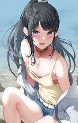 1girl absurdres belt_buckle black_hair blush breasts buckle camisole choker collarbone denim denim_shorts highres idolmaster idolmaster_shiny_colors jacket kazano_hiori looking_at_viewer mole mole_under_mouth no_bra o-ring o-ring_choker outdoors ponytail purple_eyes pyonsan shorts small_breasts smile solo white_jacket yellow_camisole