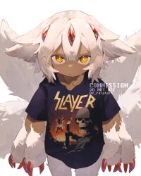 1girl band_shirt claws closed_mouth dark-skinned_female dark_skin faputa highres looking_at_viewer made_in_abyss merchandise multiple_tails ralph_alejandro slayer_(band) solo tail white_fur white_hair yellow_eyes
