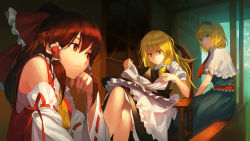 3girls alice_margatroid arm_support bad_id bad_pixiv_id bare_shoulders blonde_hair bow braid brown_hair capelet chair detached_sleeves dress frown green_eyes hair_bow hair_ribbon hair_tubes hairband hakurei_reimu hat unworn_hat unworn_headwear highres jandy japanese_clothes kirisame_marisa crossed_legs lolita_hairband miko multiple_girls porch ribbon ribbon-trimmed_sleeves ribbon_trim sitting smile touhou witch_hat yellow_eyes