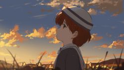 Rule 34 | 1girl, arttsam, clannad, cloud, dress, flower, from side, grass, highres, hill, looking up, okazaki ushio, portrait, sailor dress, scenery, short hair, sky, solo, sunset