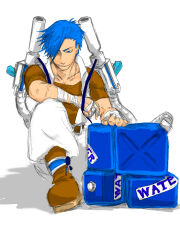 Rule 34 | 1boy, arm on knee, arm on own leg, arm rest, backpack cannon, bandaged arm, bandaged hand, bandaged wrist, bandages, blastoise, blue eyes, boots, brown boots, brown shirt, canister, cannon, cargo pants, collarbone, drop shadow, elbow on knee, elbow on leg, elbow rest, facing to the side, free clown, gas can, gen 1 pokemon, grin, gun sling, hair over one eye, high contrast, highres, holding, holding hose, hose, hose nozzle, knees up, looking down, looking to the side, male focus, mature male, nintendo, on ground, open clothes, open vest, over shoulder, pants, parted hair, personification, pokemon, popped collar, shirt, shoulder cannon, sitting, sketch, smile, vest, water gun, weapon, weapon on back, weapon over shoulder, white background, white pants, white vest