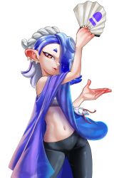 1girl black_leggings blonde_hair chest_sarashi hand_fan laz_gm leggings medium_hair navel nintendo octoling red_eyes sarashi see-through_clothes see-through_shawl shawl shiver_(splatoon) short_eyebrows solo splatoon_(series) splatoon_3
