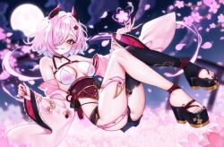Rule 34 | 1girl, artist name, black horns, black ribbon, black shoes, black thighhighs, breasts, collarbone, drowsenss, fingernails, flower, full moon, hair ornament, hair over one eye, highres, horns, indie virtual youtuber, iomaya (vtuber), long fingernails, mole, mole on breast, mole under eye, moon, pink flower, pink hair, pink nails, platform sandals, ribbon, sandals, shoes, single thighhigh, solo, tassel, tentacle hair, thighhighs, virtual youtuber, wide sleeves, yellow eyes