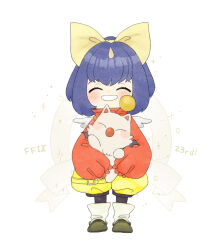 1girl bebe_0620 bow closed_eyes eiko_carol facing_viewer final_fantasy final_fantasy_ix full_body grin happy highres horns long_sleeves moogle overalls short_hair simple_background single_horn sleeves_past_fingers sleeves_past_wrists smile white_background wings yellow_bow yellow_overalls