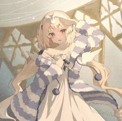 1girl angel_wings blonde_hair dress fate/grand_order fate_(series) headphones highres holding holding_stylus jacket jeanne_d&#039;arc_(fate) long_hair metatron_jeanne_(fate) metatron_jeanne_(second_ascension)_(fate) papukin shading_eyes strap_slip striped_clothes striped_jacket stylus twitter_username white_dress wings yellow_eyes