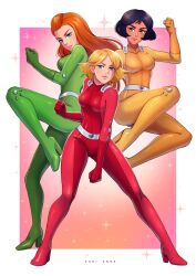 3girls alex_(totally_spies) artist_name belt black_hair blonde_hair blue_eyes bodysuit border breasts brown_eyes closed_mouth clover_(totally_spies) dark-skinned_female dark_skin full_body green_bodysuit green_eyes highres impossible_bodysuit impossible_clothes latex latex_bodysuit long_hair looking_at_viewer medium_breasts metal_belt multiple_girls orange_hair parted_lips red_bodysuit sam_(totally_spies) short_hair smile standing standing_on_one_leg totally_spies white_border whoop_catsuit yellow_bodysuit yukianne3