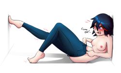 1girl barefoot blue_hair breasts denim dressing english_text failure female_focus full_body highres jeans kill_la_kill lying matoi_ryuuko medium_breasts multicolored_hair nipples on_back pants partially_undressed pudgeruffian red_hair short_hair solo toe-point white_background