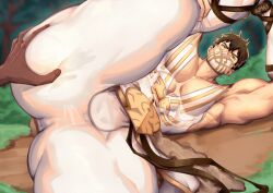 1boy abs armpits arms_up artist_name ass bara biceps brown_hair bulge commentary covered_testicles eikthyrnir_(fire_emblem) english_commentary fire_emblem fire_emblem_heroes hand_on_another&#039;s_ass highres kimakkun leg_lift lying male_focus muscular muscular_male nintendo on_ground on_side pectoral_cleavage pectorals signature yaoi