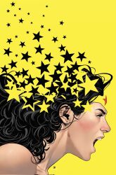 1girl artist_collaboration black_hair dc_comics diana_prince disintegration from_side highres long_hair open_mouth portrait sampere_art shouting simple_background solo star_(symbol) teeth textless_version tomeu_morey upper_teeth_only wonder_woman wonder_woman_(series) yellow_background