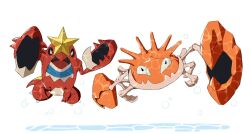 black_eyes bubble closed_mouth commentary crawdaunt gen_1_pokemon gen_3_pokemon kingler looking_at_viewer nintendo no_humans open_mouth pokemon pokemon_(creature) pokemon_focus psaber97 tongue white_background