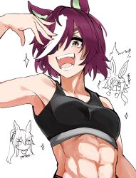 +_+ 3girls :d abs alternate_ear_size animal_ears arm_up aura bare_shoulders black_sports_bra blush_stickers breasts brown_eyes collarbone commentary_request english_text eyepatch hair_between_eyes hair_over_one_eye highres horse_ears long_hair looking_at_viewer low_ponytail multicolored_hair multiple_girls open_mouth ponytail purple_hair shi_(kamokamo910) simple_background small_breasts smile solo_focus sparkle sports_bra streaked_hair symboli_kris_s_(umamusume) tanino_gimlet_(umamusume) umamusume v-shaped_eyebrows vodka_(umamusume) white_background white_hair