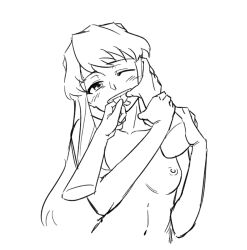 2girls blush breasts finger_in_another&#039;s_mouth fujino_shizuru greyscale hand_on_another&#039;s_face holding_another&#039;s_tongue holding_another&#039;s_wrist kuga_natsuki long_hair medium_breasts monochrome multiple_girls my-hime navel nipples nude one_eye_closed suiyu tongue tongue_out yuri