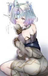 1girl ahoge alternate_costume aqua_hair ass borrowed_clothes breasts coat commentary_request cosplay fire_emblem fire_emblem_heroes forehead_jewel highres hood hood_down hooded_coat implied_masturbation kiran_(fire_emblem) kiran_(fire_emblem)_(cosplay) large_breasts looking_at_viewer multicolored_hair nenemu0 nintendo purple_eyes purple_hair seidr_(fire_emblem) shadow short_hair simple_background sitting sleeves_past_fingers sleeves_past_wrists smelling smelling_clothes steaming_body translation_request white_background white_coat