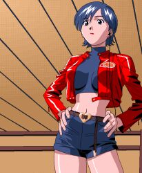 1girl belt black_eyes black_hair black_shirt black_shorts breasts brown_belt closed_mouth commentary cowboy_shot crop_top cropped_jacket cropped_shirt dithered_background dithering earbuds earphones earrings multiple_expressions flipped_hair from_below game_cg hands_on_own_hips heart_belt impossible_clothes impossible_shirt indoors jacket jewelry large_breasts lipstick long_sleeves looking_ahead makeup midriff miki_(viper) name_tag navel official_art okuda_tamio open_clothes open_jacket pc-98_(style) pixel_art red_jacket red_lips shirt short_hair short_shorts shorts solo stud_earrings third-party_source turtleneck viper_(series) viper_ctr wooden_ceiling