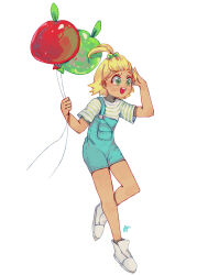 1girl :d ahoge apple_balloon apple_cookie apple_rabbit balloon bangs_pinned_back benzbt blonde_hair blue_overalls child cookie_run cookie_run:_ovenbreak food food_art green_eyes green_hair_ornament green_stripes highres holding holding_balloon humanization open_mouth overall_shorts overalls personification shirt shoes short_hair short_sleeves signature smile striped_clothes striped_shirt tan white_background white_shoes