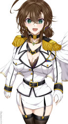 1girl ahoge belt black_belt black_bra black_socks bra breasts brown_hair chamumi_(mochiumee) cloak epaulettes female_admiral_(kancolle) garter_belt gloves green_eyes highres jacket kantai_collection kneehighs large_breasts military_jacket military_uniform mole mole_on_breast open_mouth original partially_fingerless_gloves skirt smile socks solo tongue underwear upper_body white_gloves white_jacket white_skirt