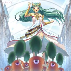 1girl carrot chain clenched_hands commission gold_chain green_eyes green_hair higashibara_n highres kid_icarus kid_icarus_uprising motion_blur nintendo one-eyed open_mouth palutena running skeb_commission vambraces