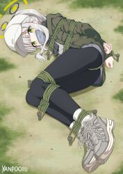 1girl bdsm black_pantyhose blue_archive bondage bound bound_arms bound_legs cape crotch_rope green_eyes hare_(blue_archive) highres long_hair looking_at_viewer lying on_ground on_side pantyhose peril ponytail restrained scarf shibari shibari_over_clothes shoes shorts sidelocks sneakers white_hair yanpooru