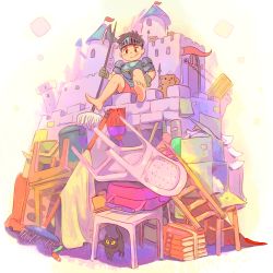 1boy ? animated animated_gif armor black_hair blinking blush_stickers book box broom castle cat chair drawbridge flag halberd ladder looking_at_viewer moonshen_timojim mop polearm shorts smile spear stuffed_animal stuffed_toy teddy_bear weapon