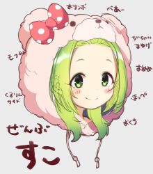 1girl animal_ears animal_hood bear_ears bear_hood blush_stickers bow closed_mouth drawstring fake_animal_ears forehead green_eyes green_hair head hood hood_up long_hair looking_at_viewer morinaka_kazaki nekomitei nijisanji polka_dot polka_dot_bow red_bow smile solo translation_request virtual_youtuber