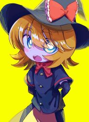 1girl absurdres apron arms_behind_back black_gloves black_hat black_shirt black_skirt blonde_hair blue_eyes blush_stickers bow bowtie bright_pupils brown_apron buttons commentary_request cookie_(touhou) cowboy_shot elbow_gloves gloves hat hat_bow highres kirisame_marisa looking_at_viewer meguru_(cookie) melanin_shikiso open_mouth red_bow red_bowtie shirt short_hair simple_background skirt skirt_set solo touhou waist_apron white_pupils witch_hat yellow_background