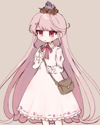 1girl bird brown_background brown_bag closed_mouth collared_dress commentary_request cowboy_shot dress flat_chest hoshizuki_sakusa lace lace-trimmed_dress lace_trim long_hair long_sleeves neck_ribbon nest nest_on_head no_nose original pink_eyes pink_hair pink_ribbon ribbon simple_background solo white_dress