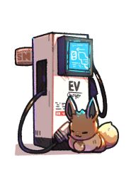 artist_name brown_fur charger chibi closed_eyes commentary eevee english_text gen_1_pokemon highres nintendo no_humans pokemon pokemon_(creature) pun simple_background sitting solo sunsnak_sn two-tone_fur white_background