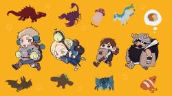 1girl 3boys beard bread carrying carrying_under_arm chibi chilchuck_tims creature dragon dungeon_meshi dwarf facial_hair fake_horns flour food frog from_side golem helmet highres horned_helmet horns kelpie laios_touden loaf_of_bread long_beard looking_at_viewer marcille_donato monster multiple_boys mustache scared scorpion senshi_(dungeon_meshi) skziman speech_bubble tareme thick_mustache thought_bubble very_long_beard walking walking_mushroom_(dungeon_meshi)