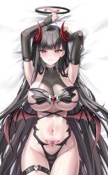 1girl alternate_costume arms_up bed_sheet black_bridal_gauntlets black_hair black_halo black_panties blue_archive blush bnari breasts bridal_gauntlets cleavage closed_mouth collarbone commentary demon_wings fake_horns halo heart heart_o-ring highres horns large_breasts long_hair looking_at_viewer lying navel o-ring o-ring_thigh_strap on_back panties pubic_tattoo red_eyes rio_(blue_archive) solo stomach tattoo thigh_strap underwear unfinished very_long_hair wings