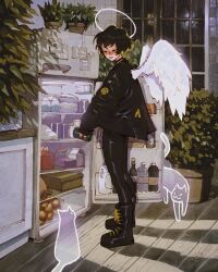 1girl angel_wings artist_logo black_boots black_choker black_coat black_hair black_pants blush boots box can cat choker closed_eyes closed_mouth coat dated facing_to_the_side food fruit full_body ghost halo halo_behind_head happy_meal highres holding holding_can indoors jar jug_(bottle) logo magnet medium_hair night night_sky original pants plant potted_plant refrigerator refrigerator_interior refrigerator_magnet shadow simz sky soda_bottle solo standing tile_wall tiles white_wings window wings wooden_floor