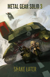 1girl 3boys bad_deviantart_id bad_id battle beard big_boss blonde_hair breasts brown_hair cleavage colin_tan copyright_name driving dust_cloud eva_(metal_gear) facial_hair headband highres long_hair metal_gear_(series) metal_gear_solid_3:_snake_eater military military_vehicle motor_vehicle motorcycle mullet multiple_boys rocket_launcher rpg_(weapon) shagohod sidecar tank vehicle weapon