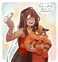 1girl 3koma black_hair calonarang claws comic commentary creature dark_skin english_commentary english_text fangs gen_1_pokemon gen_7_pokemon grey_skirt hair_dryer highres holding holding_hair_dryer holding_pokemon long_hair nintendo original pokemon pokemon_(creature) porygon red_shirt shirt skirt wet wet_face wet_hair yellow_eyes