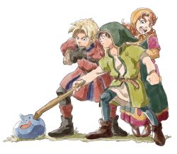 1girl blue_eyes breasts curly_hair dragon_quest dragon_quest_vii dress full_body hat hero_(dq7) hood hosiman kiefer long_hair looking_at_viewer maribel_(dq7) medium_breasts multiple_boys red_hair