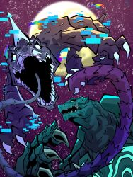 absurdres barugon body_markings claws daiei_motion_picture engi_(animation_studio) full_moon gamera gamera_(series) gamera_-rebirth- gamera_vs._barugon giant giant_monster glowing glowing_eyes glowing_markings glowing_veins green_eyes highres horns kadokawa kaiju lizard long_tail long_tongue looking_at_another looking_at_viewer looking_down looking_up lyle_speck monster moon night no_humans no_pupils open_mouth rainbow sharp_teeth single_horn sky star_(sky) starry_sky tail teeth tongue turtle tusks veins very_long_tail very_long_tongue white_eyes