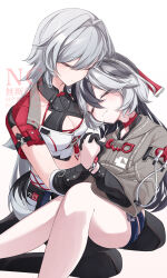Rule 34 | 2girls, black gloves, black hair, black shorts, blush, breasts, cleavage, cleavage cutout, closed eyes, closed mouth, clothing cutout, coralie 6626 planck, crop top, do not repost watermark, erdos helia, gloves, grey hair, hair between eyes, highres, holding hands, honkai (series), honkai impact 3rd, jacket, jewelry, large breasts, long hair, long sleeves, medium breasts, multicolored hair, multiple girls, parted lips, qf ivi, shirt, short shorts, short sleeves, shorts, sitting, sitting on lap, sitting on person, smile, streaked hair, watermark, white hair