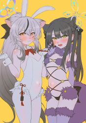 2girls absurdres animal_ear_fluff animal_ears armpit_crease bare_shoulders black_hair black_panties blue_archive blush bow bowtie breasts claw_pose cosplay covered_navel cowboy_shot detached_collar elbow_gloves embarrassed fake_animal_ears fake_claws fake_tail female_focus frilled_leotard frills fur-trimmed_gloves fur-trimmed_thighhighs fur_trim gloves gradient_hair green_eyes grey_hair grimace halo highres holding holding_pencil kokona_(blue_archive) leotard loli long_hair looking_at_viewer mash_kyrielight mash_kyrielight_(dangerous_beast) mash_kyrielight_(dangerous_beast)_(cosplay) multicolored_hair multiple_girls navel nompang open_mouth panties pantyhose pencil playboy_bunny ponytail purple_gloves purple_thighhighs rabbit_ears rabbit_tail red_bow red_bowtie shun_(blue_archive) shun_(small)_(blue_archive) siblings simple_background sisters small_breasts standing stomach streaked_hair sweatdrop tail teeth thighhighs twintails underwear very_long_hair white_gloves white_leotard white_pantyhose wrist_cuffs yellow_background yellow_eyes