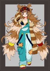 asymmetrical_legwear black_bra bra brown_eyes brown_hair creatures_(company) game_freak gen_3_pokemon highres long_hair mismatched_legwear nintendo pokemon red_sandals sandals sleep_mask striped_hair twintails underwear yasubaru zigzagoon