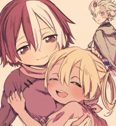 1boy 2girls asymmetrical_bangs bags_under_eyes belafu belafu_(human) blonde_hair blue_eyes blue_scarf brown_capelet burn_scar capelet closed_mouth dark-skinned_female dark_skin grey_capelet hair_between_eyes hair_rings hug irumyuui looking_at_another made_in_abyss mauyu medium_hair multiple_girls open_mouth red_eyes red_hair red_scarf scar scar_on_face scarf sepia sepia_background short_hair smile teeth upper_teeth_only vueko wavy_mouth white_hair