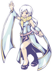 1girl alternate_color animal animal_around_neck arm_up belt black_eyes blue_dress blue_sleeves commentary_request detached_sleeves dress fox full_body long_hair looking_at_viewer lowres open_mouth pazy pink_belt pink_shoes professor_(ragnarok_online) ragnarok_online shoes simple_background sleeveless sleeveless_dress smile solo white_background white_hair