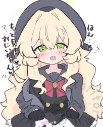 1girl :d @_@ beret black_gloves black_serafuku black_shirt black_skirt blonde_hair blue_archive blush bow clothes_lift commentary_request frilled_skirt frills gloves green_eyes grey_hat grey_jacket grey_sailor_collar hair_between_eyes hair_intakes half_gloves halo hat highres jacket kujou_karasuma lifting_own_clothes loli long_hair off_shoulder open_clothes open_jacket open_mouth out-of-frame_censoring professor_niyaniya_(blue_archive) red_bow sailor_collar school_uniform serafuku shirt simple_background skirt skirt_lift smile solo translation_request very_long_hair watermark white_background