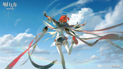 1girl antenna_hair arknights artist_name black_boots black_shorts boots chinese_commentary cloud commentary_request copyright_name dress exusiai_the_new_covenant_(arknights) from_behind halo highres medium_hair official_art one_side_up outdoors red_hair shorts shule_de_yu sky solo thighhighs white_dress white_thighhighs wings