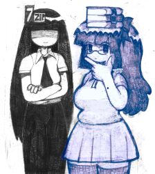 Rule 34 | 2girls, 7-zip, black necktie, black pants, breasts, collared shirt, crossed arms, glasses, hand on own chin, highres, hime cut, large breasts, logo, long hair, mole, mole on arm, multiple girls, multiple monochrome, necktie, no eyes, pants, personification, pleated skirt, raised eyebrow, roachie (wildcardroachie), shaded face, shirt, short sleeves, simple background, skirt, thick thighs, thighhighs, thighs, traditional media, very long hair, white background, winrar, | |