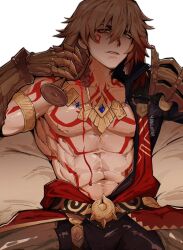 Rule 34 | 1boy, abs, absurdres, alohapz, ambiguous red liquid, armband, artist name, blonde hair, braid, bulge, cup, gauntlets, gem, gold, highres, holding, holding cup, honkai: star rail, honkai (series), jewelry, looking at viewer, male focus, medium hair, multicolored hair, muscular, muscular male, mydei (honkai: star rail), necklace, nipples, parted lips, pectorals, pouring, pouring onto self, presenting, red hair, red tattoo, sitting, solo, spread legs, tattoo, teeth, white background, yellow eyes