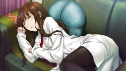 1girl :o black_pantyhose blush breast_pocket breasts brown_hair closed_eyes collared_shirt couch fingernails future_gadget_lab game_cg hair_between_eyes hair_over_shoulder highres huke indoors knees looking_at_viewer lying makise_kurisu necktie official_art on_couch on_side open_mouth pantyhose pocket purple_trim red_necktie shiny_lips shirt sleeping small_breasts solo steins;gate steins;gate:_my_darling&#039;s_embrace thick_thighs thighs tongue white_shirt